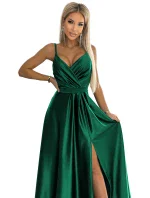 512-1 JULIET elegantné dlhé saténové šaty s výstrihom - BOTTLE GREEN