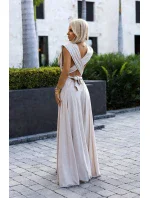 509-2 Elegantné dlhé šaty s viacerými viazankami - béžové s trblietkami