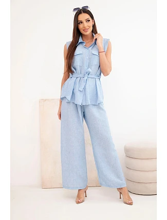 Dámska súprava s uzlovou blúzkou a širokými nohavicami modrej farby