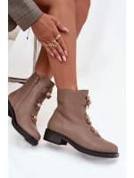 Skórzane Botki Damskie Z Ozdobnymi Kwiatkami Ocieplane Beżowe Belverine