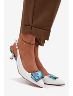 Kožené dámské lodičky na podpatku s ozdobou D&A LZ61-2006 Bílé