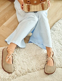 Kožené semišové baleríny Barefoot so šnurovaním Zazoo 021 Beige
