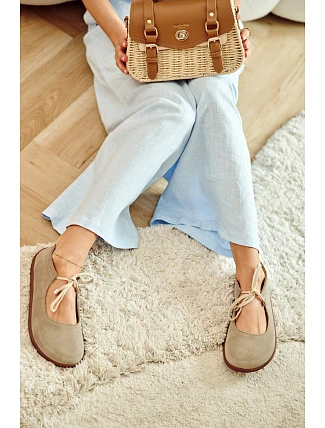 Kožené semišové baleríny Barefoot so šnurovaním Zazoo 021 Beige Kožené semišové baleríny Barefoot so šnurovaním Zazoo 021 Beige