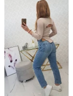 Blúzka s rebrovaným výstrihom tmavo béžová