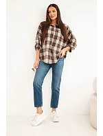 Dámska kockovaná oversize košeľa s vreckami, hnedá Dámska kockovaná oversize košeľa s vreckami, hnedá