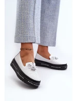 Mokasyny Damskie Skórzane Na Platformie S.Barski LR400 Białe