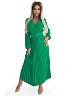 VIVIANA - Svetlozelené dámske plisované midi šaty s výstrihom, dlhými rukávmi a širokým opaskom 504-4