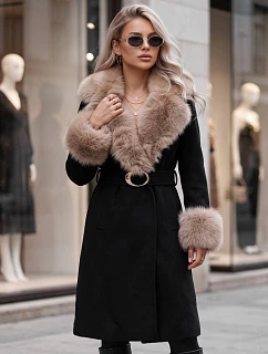 Dámsky kabát s odnímateľným kožušinovým golierom, čierny, FashionStreet TY6067
