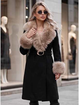 Dámsky kabát s odnímateľným kožušinovým golierom, čierny, FashionStreet TY6067 Dámsky kabát s odnímateľným kožušinovým golierom, čierny, FashionStreet TY6067