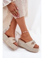 Klapki Damskie Na Koturnie Z Plecionką I Ozdobą Beżowe Isolene