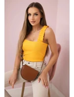 Blúzka bez ramienok s volánikmi v horčicovej farbe