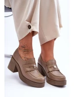 Skórzane Półbuty Damskie Na Słupku Ciemnobeżowe Lemar Dunadia