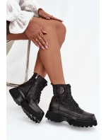 Skórzane Botki Damskie Na Platformie Z Napisami I Ozdobnym Detalem Artiker 57C2273 Czarne