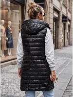 Dlhá dámska prešívaná vesta s kapucňou, čierna, FashionStreet TY5260 Dlhá dámska prešívaná vesta s kapucňou, čierna, FashionStreet TY5260