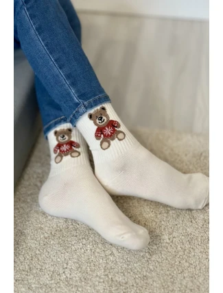 Skarpetki Dziecięce Młodzieżowe Miś W Sweterku Ecru
