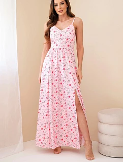 Dámske maxi kvetinové šaty bez ramienok so zaväzovaním na chrbte candy pink