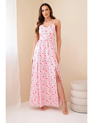 Dámske maxi kvetinové šaty bez ramienok so zaväzovaním na chrbte candy pink