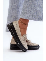 Skórzane Błyszczące Mokasyny Damskie Na Platformie Z Ozdobą S.Barski LR750 Złote