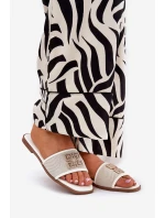 Eleganckie Klapki Damskie Z Ozdobą Na Płaskim Obcasie Białe Lovehia