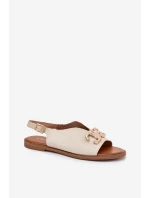 Sandały Damskie Na Płaskim Obcasie Ze Złotą Ozdobą Beżowe Amelira