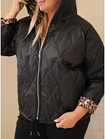 Dámska bunda vo veľkosti Plus Size s kapucňou a leopardovým lemovaním, čierna