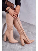 Klasyczne Zamszowe Kozaki Na Obcasie Ciemnobeżowe Tressa