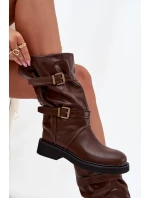 Marszczone Kozaki Damskie Do Połowy Łyski Z Paskami I Klamrami Brązowe Halvessa