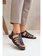 Skórzane Sandały Na Płaskim Obcasie Zazoo 3686 Czarne