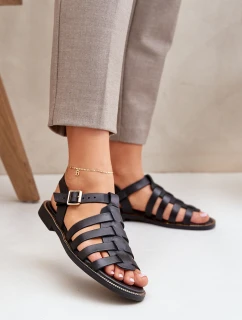 Skórzane Sandały Na Płaskim Obcasie Zazoo 3686 Czarne