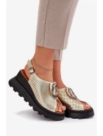 Skórzane Sandały Damskie Na Koturnie Z Ozdobą Artiker 56C0109 Złote