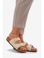 Materiałowe Klapki Na Korkowej Podeszwie Z Klamrami Żółte Atera