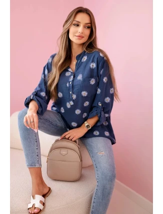 Dámska ľanová blúzka s kvetinovým vzorom, dlhými rukávmi a gombíkmi Denim