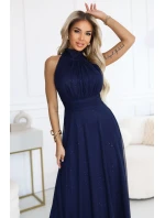 636-2 VERONICA luxusné dlhé šaty s brokátovým akcentom a elegantným strihom - tmavomodré