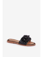 Klapki Damskie Płaskie Z Ozdobnymi Koralikami Czarne Aricca