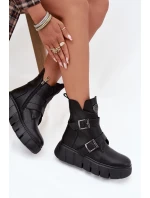 Skórzane Ocieplane Botki Damskie Na Platformie Z Klamrami Vinceza 66842 Czarne