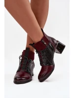 Zazoo 60503 Skórzane Botki Na Obcasie Ocieplane Bordowe