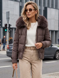Dámska zimná prešívaná bunda s kožušinou, svetlohnedá, FashionStreet TY5831