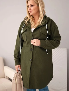Dámske Plus veľkosť kabát s kapucňou s gombíkom uzavretie Khaki