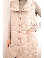 Dámska dlhá prešívaná vesta s vreckami a stojacím golierom tmavo béžová