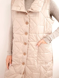 Dámska dlhá prešívaná vesta s vreckami a stojacím golierom tmavo béžová