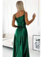 512-1 JULIET elegantné dlhé saténové šaty s výstrihom - BOTTLE GREEN