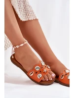 Klapki Damskie Na Płaskim Obcasie Ze Złotymi Przypinkami Pomarańczowe Nalothiel