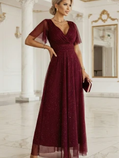 635-5 MELANIA Dlhé lesklé šaty s výstrihom a krátkymi rukávmi - bordové