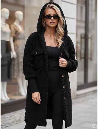 Bawełniany płaszcz damski baranek z kapturem czarny FashionStreet NY0851 Bawełniany płaszcz damski baranek z kapturem czarny FashionStreet NY0851