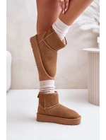 Skórzane Zamszowe Śniegowce Na Platformie Za Kostkę Camel Rianaella