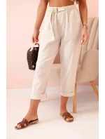 Dámske ľanové nohavice s bavlnou a opaskom béžovej farby