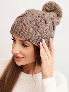 Dámska zimná čiapka z vlny s hrubým pleteným vzorom K458 mocca