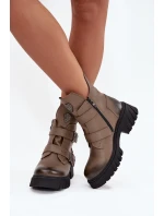 Dámske kožené zateplené členkové topánky s prackami a ozdobnými detailmi Zazoo 60482 dark beige
