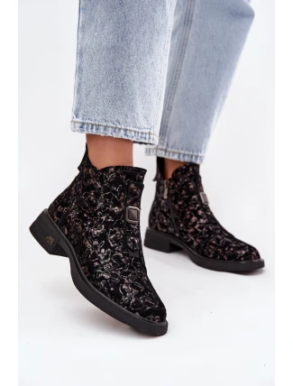 Botki Z Naturalnego Zamszu Na Niskim Obcasie D&A CR52-713 Czarno-Brązowe