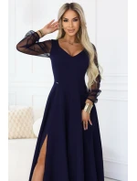 640-3 LORETTA jedinečné dlhé šaty s tylovými rukávmi a výstrihom - tmavomodré
